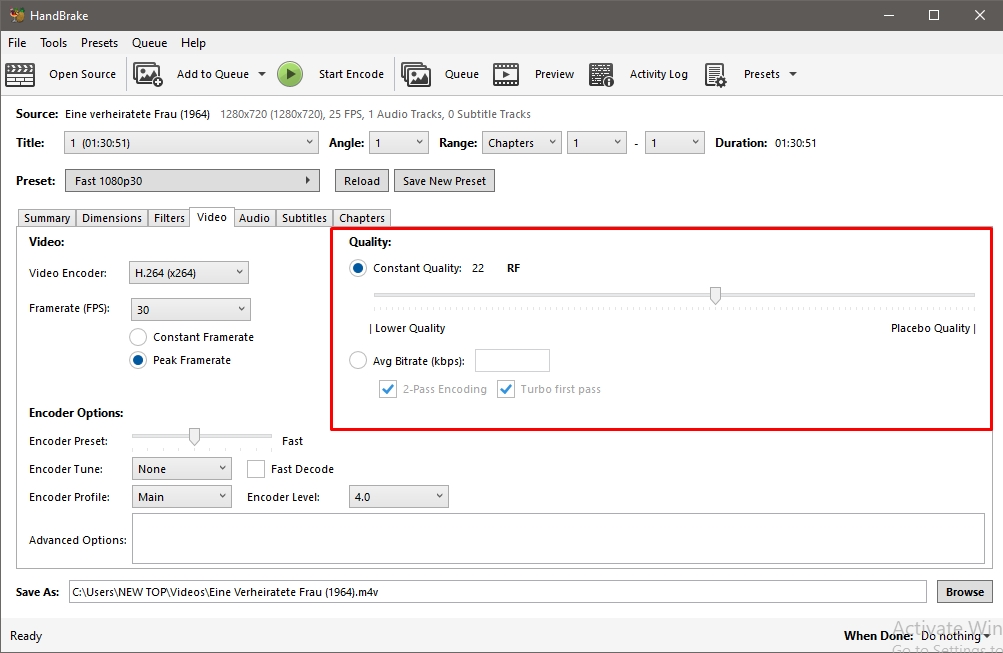 an images of the default settings of the output video quality when using handbrake software