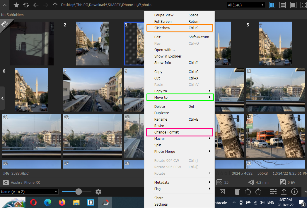 screenshot of PhotoScapeX showing simple functions, such as Change Format, Move To, Slide Show, etc.