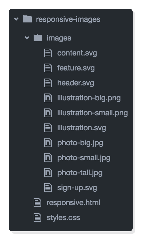 Folder structure containing HTML and CSS files as well as an images folder